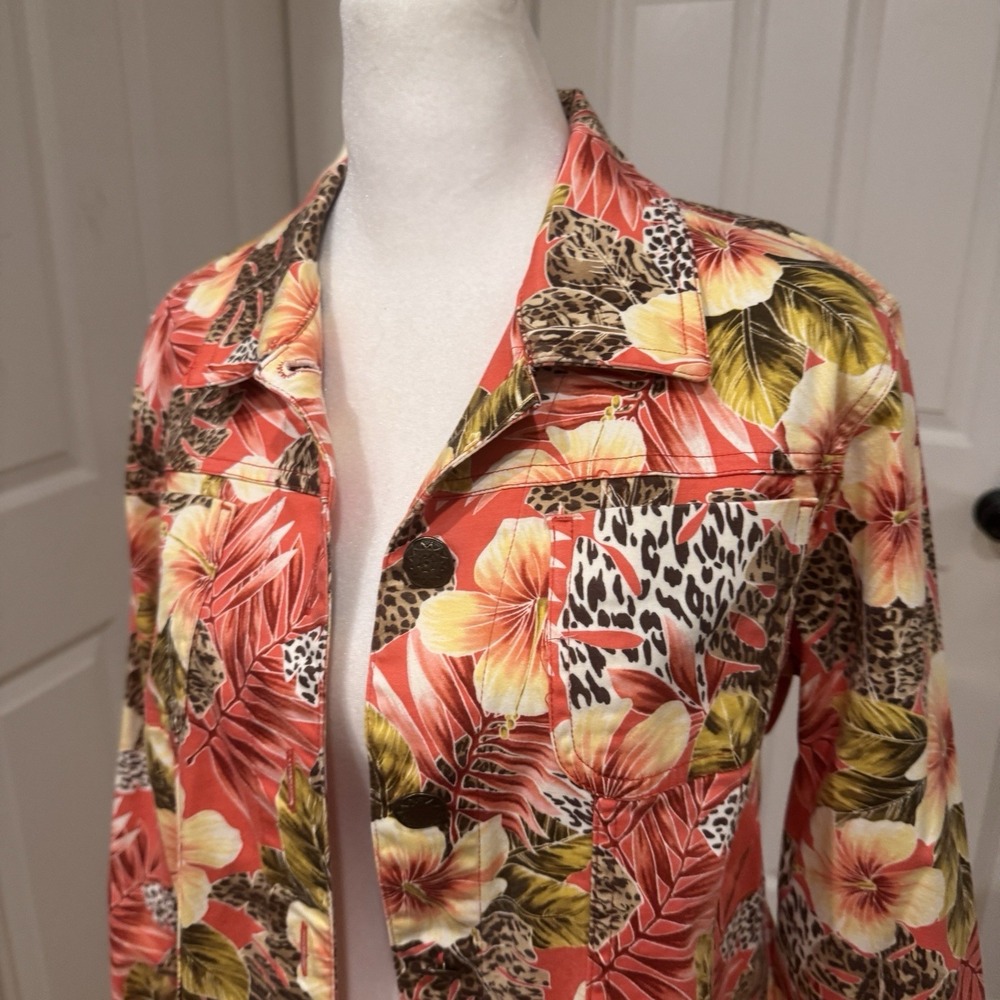 Vintage 90s Womens Small Chino Jacket Tropical Cotton Stretch Zebra Print Floral